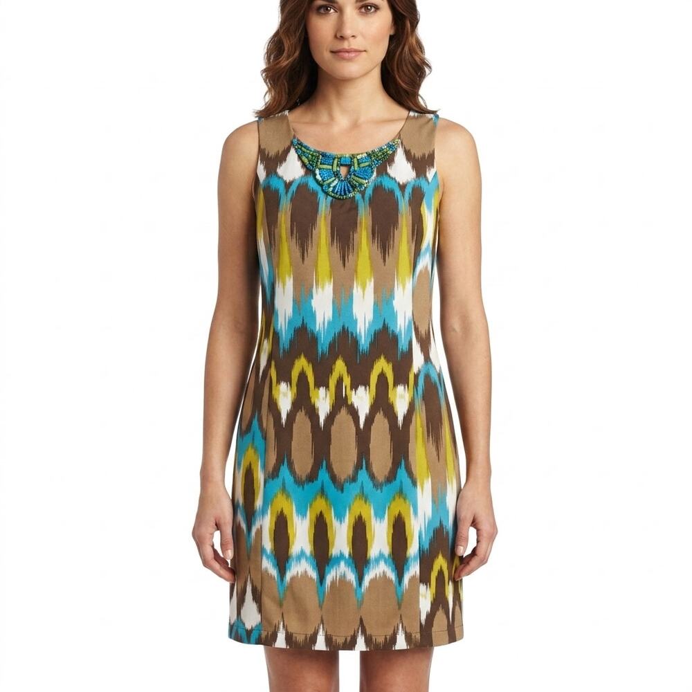 Banana Republic Blue Short Lined Beaded Geometric Dress Women Size 4